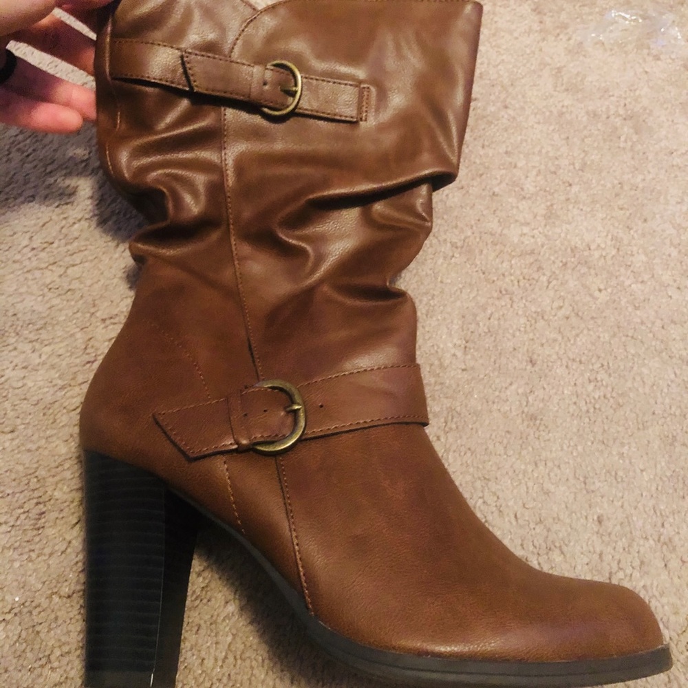 Brown calf high scrunch boots
